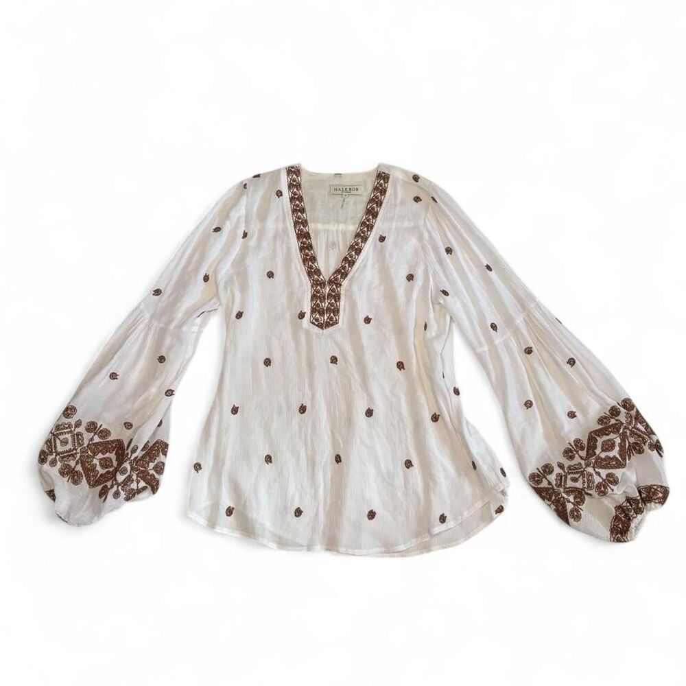 Hale Bob Women's White and Brown Embroidered Tunic Blouse